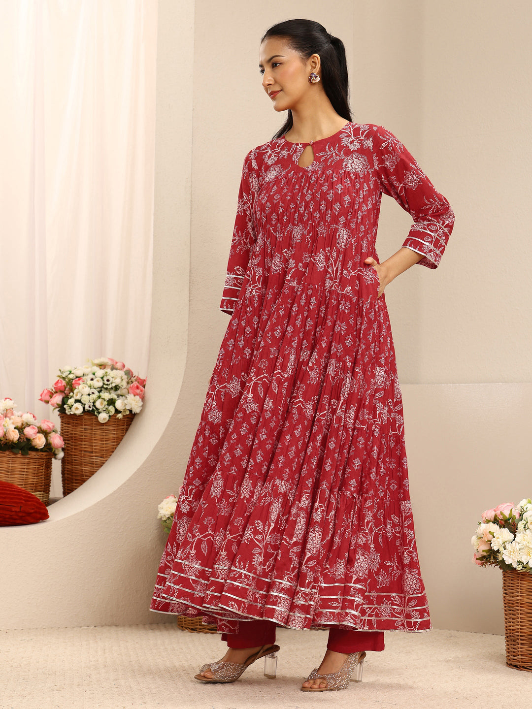  Red Floral Printed Cotton Anarkali Suit Set With Dupatta 