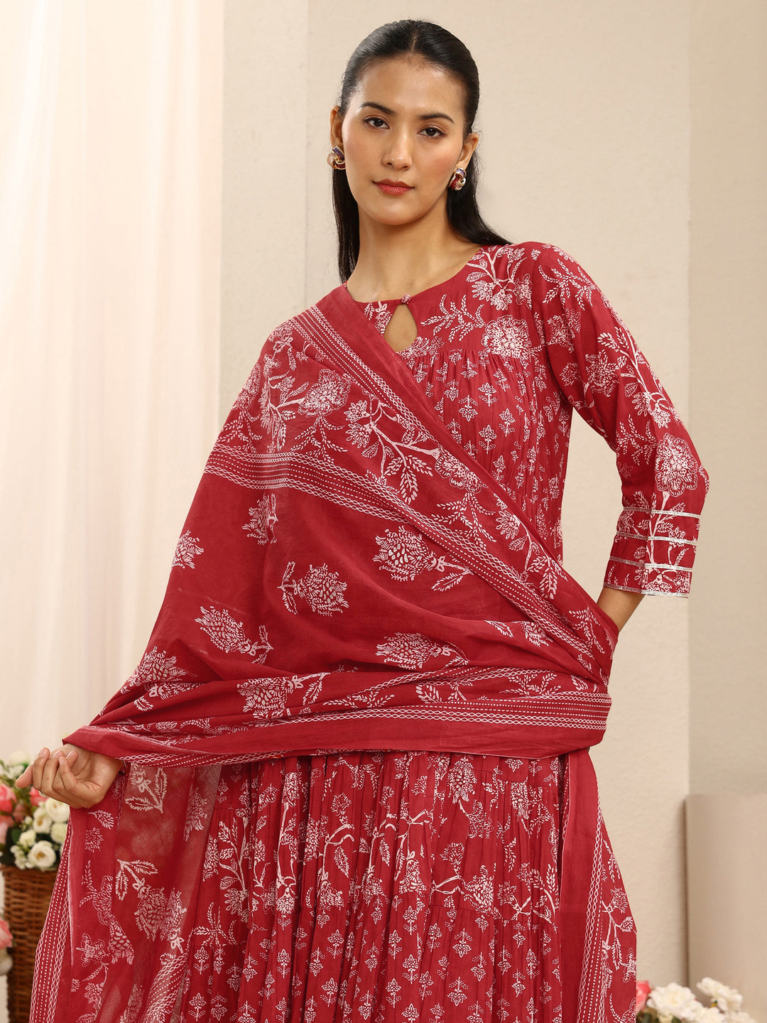  Red Floral Printed Cotton Anarkali Suit Set With Dupatta 
