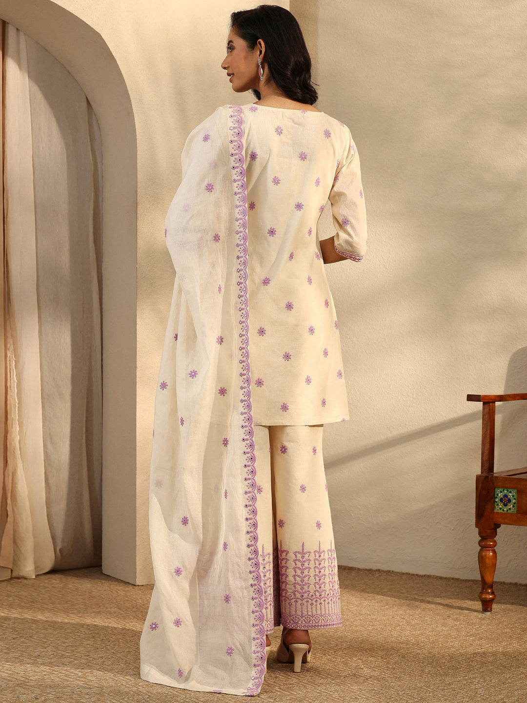  Off White Embroidered Cotton Straight Suit Set With Dupatta 