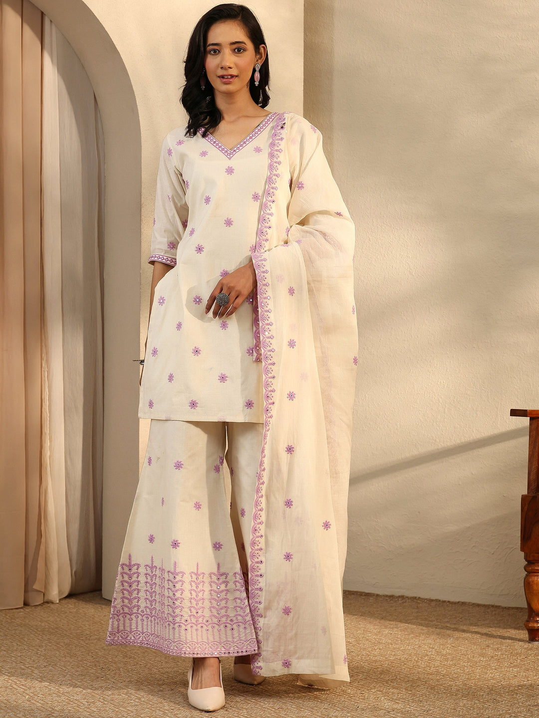  Off White Embroidered Cotton Straight Suit Set With Dupatta 
