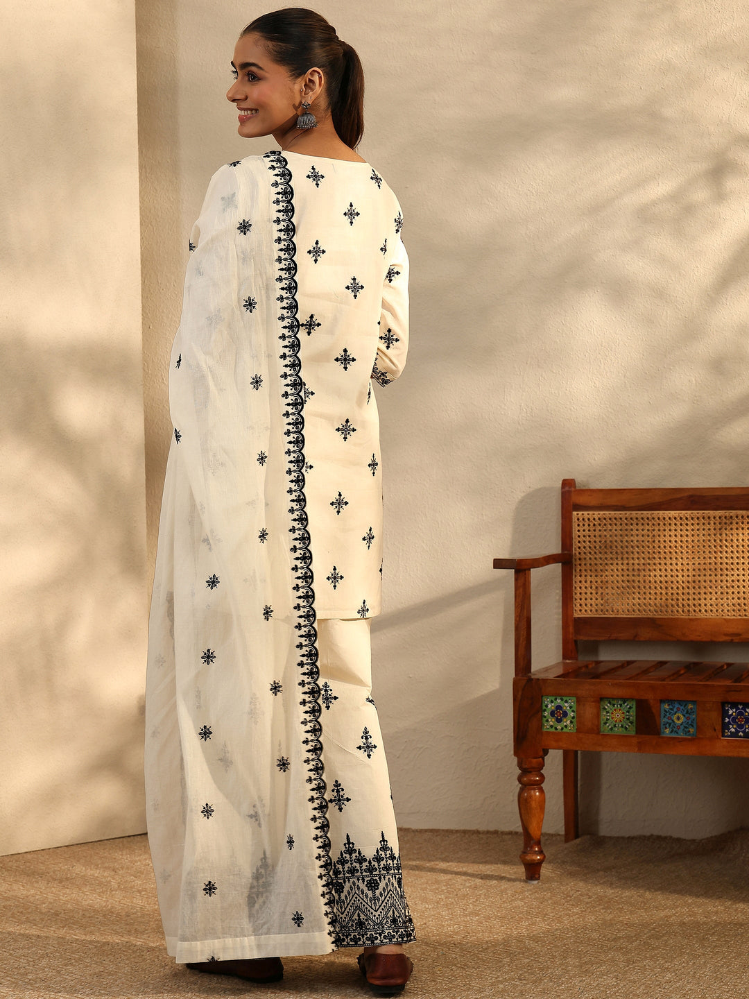  Off White Embroidered Cotton Straight Suit Set With Dupatta 