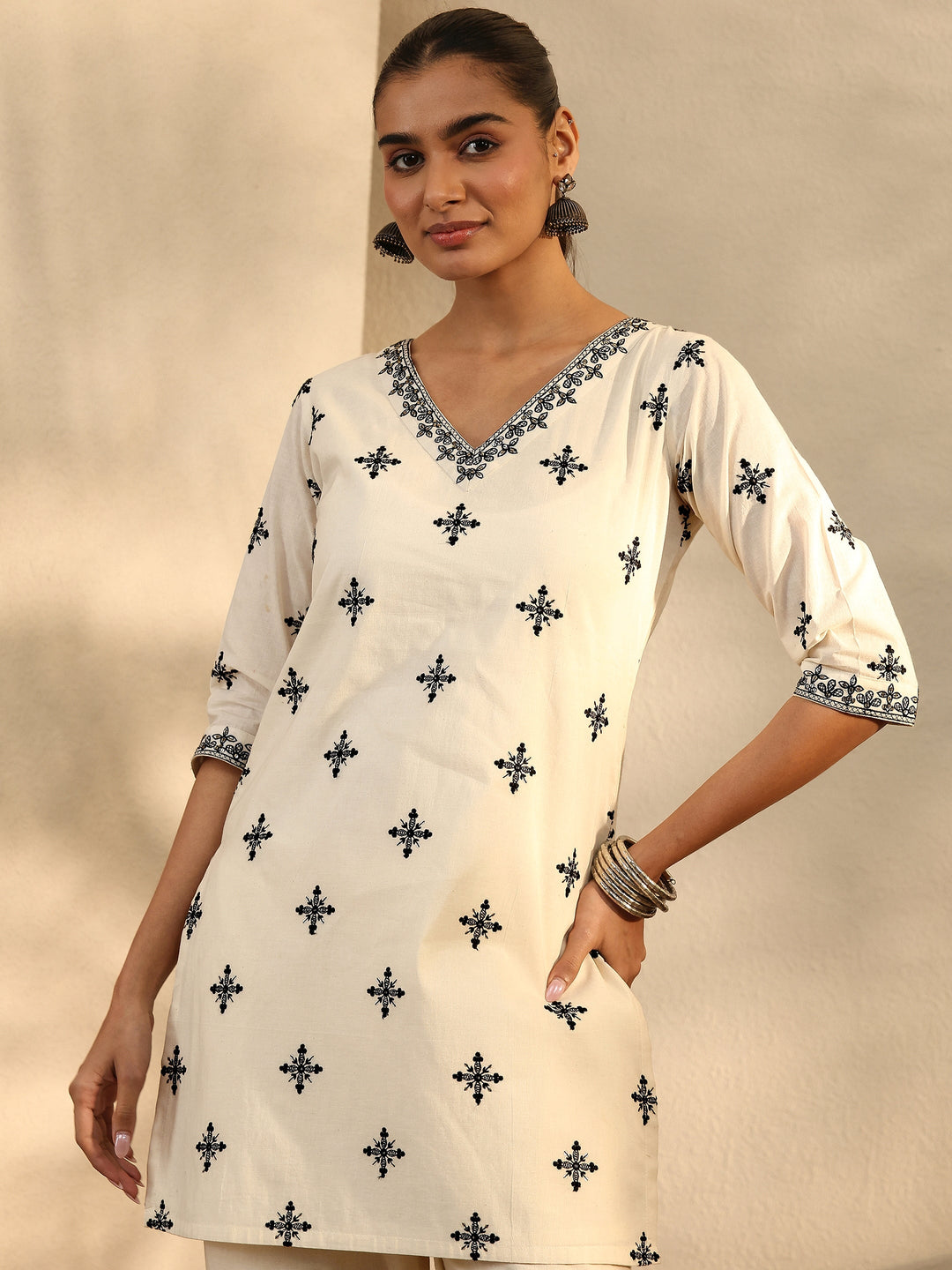  Off White Embroidered Cotton Straight Suit Set With Dupatta 