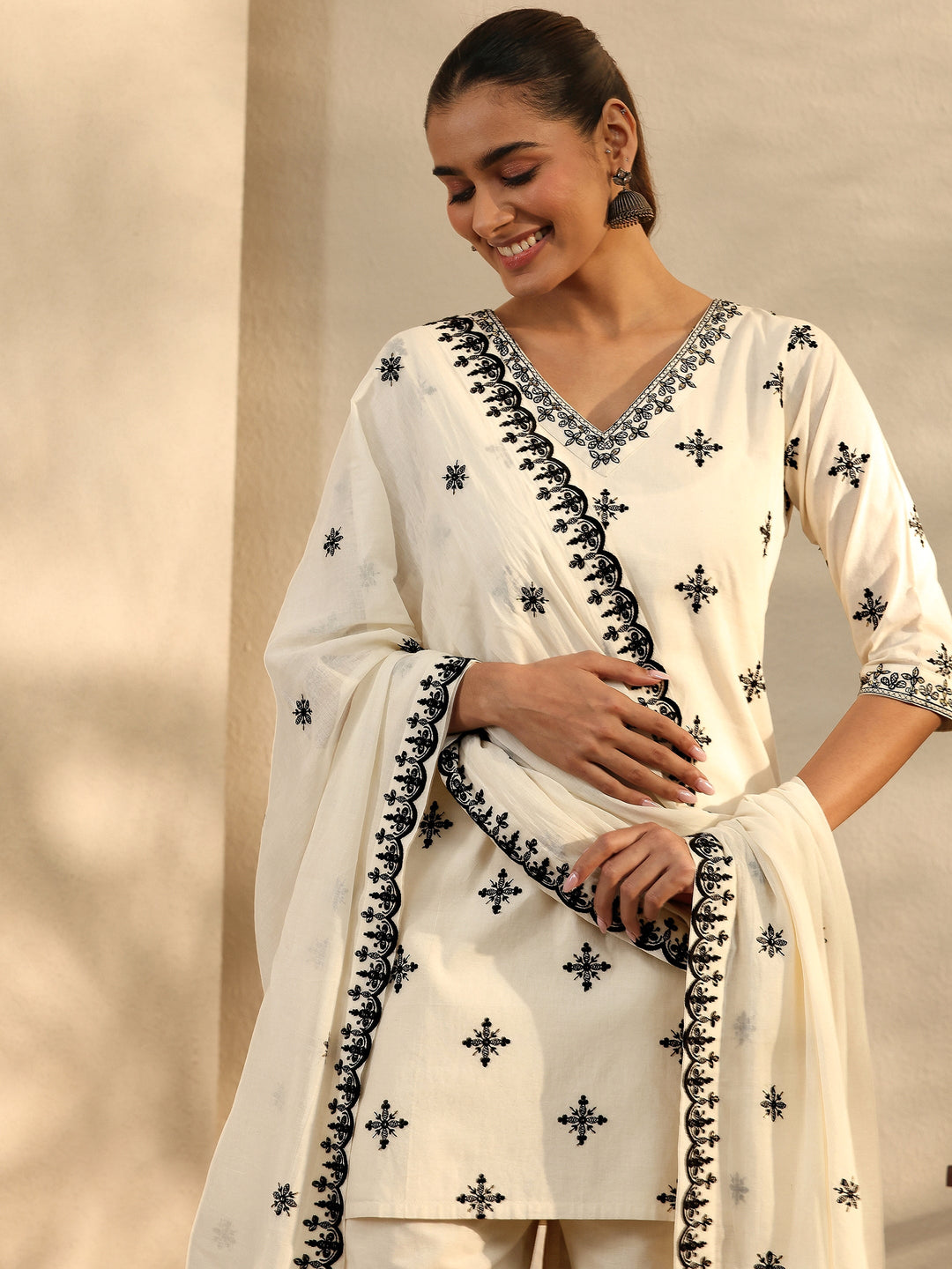  Off White Embroidered Cotton Straight Suit Set With Dupatta 