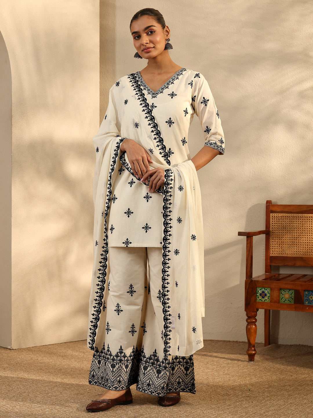  Off White Embroidered Cotton Straight Suit Set With Dupatta 