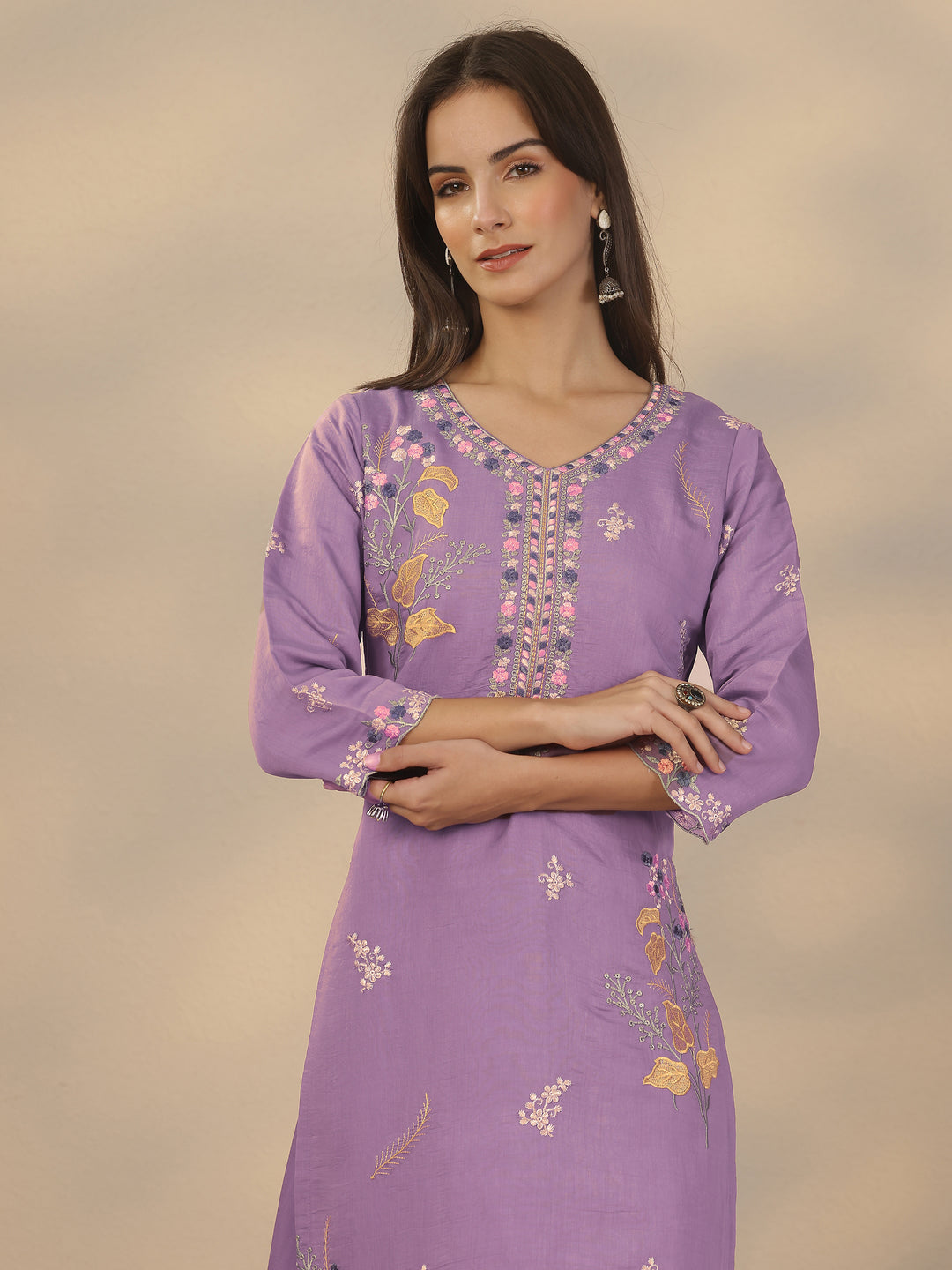  Lavender Embroidered Chanderi Cotton Straight Suit Set With Dupatta 