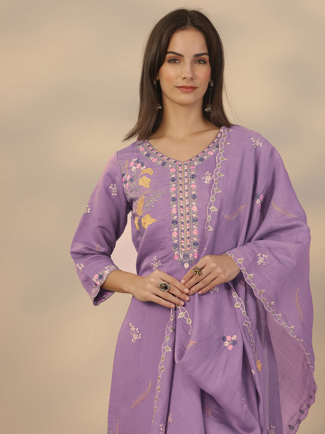  Lavender Embroidered Chanderi Cotton Straight Suit Set With Dupatta 