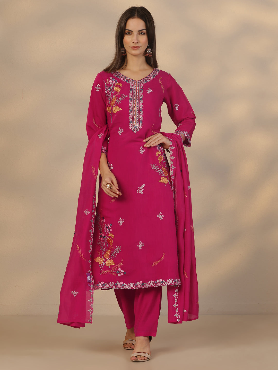  Pink Embroidered Chanderi Cotton Straight Suit Set With Dupatta 