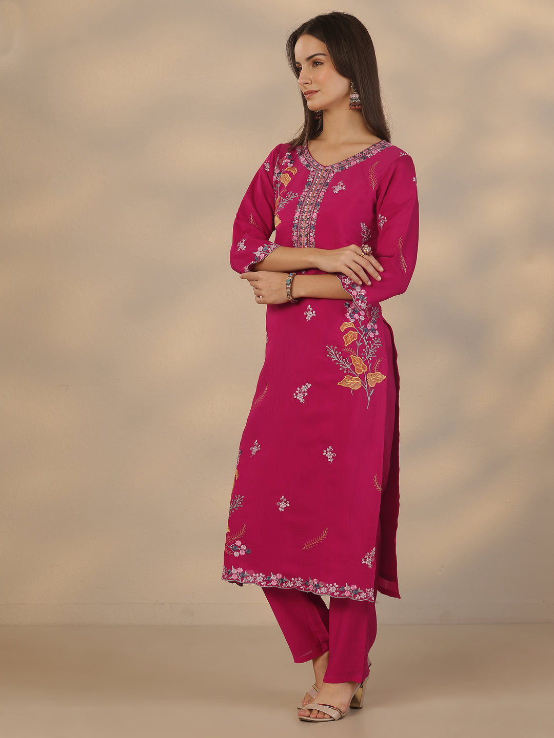  Pink Embroidered Chanderi Cotton Straight Suit Set With Dupatta 