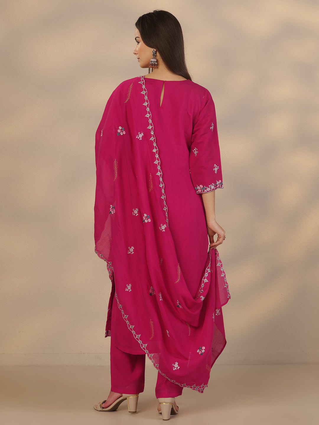  Pink Embroidered Chanderi Cotton Straight Suit Set With Dupatta 