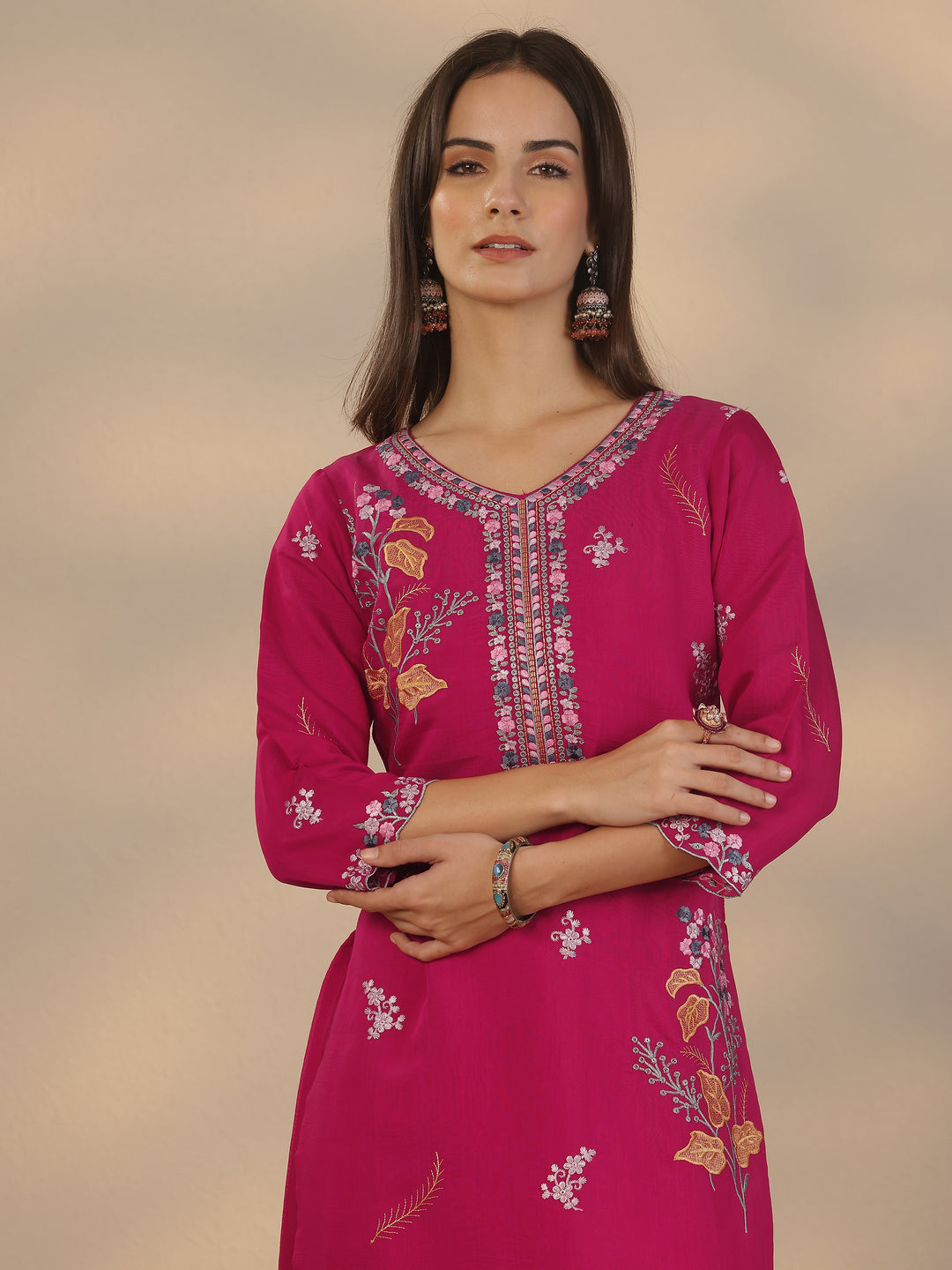 Pink Embroidered Chanderi Cotton Straight Suit Set With Dupatta 