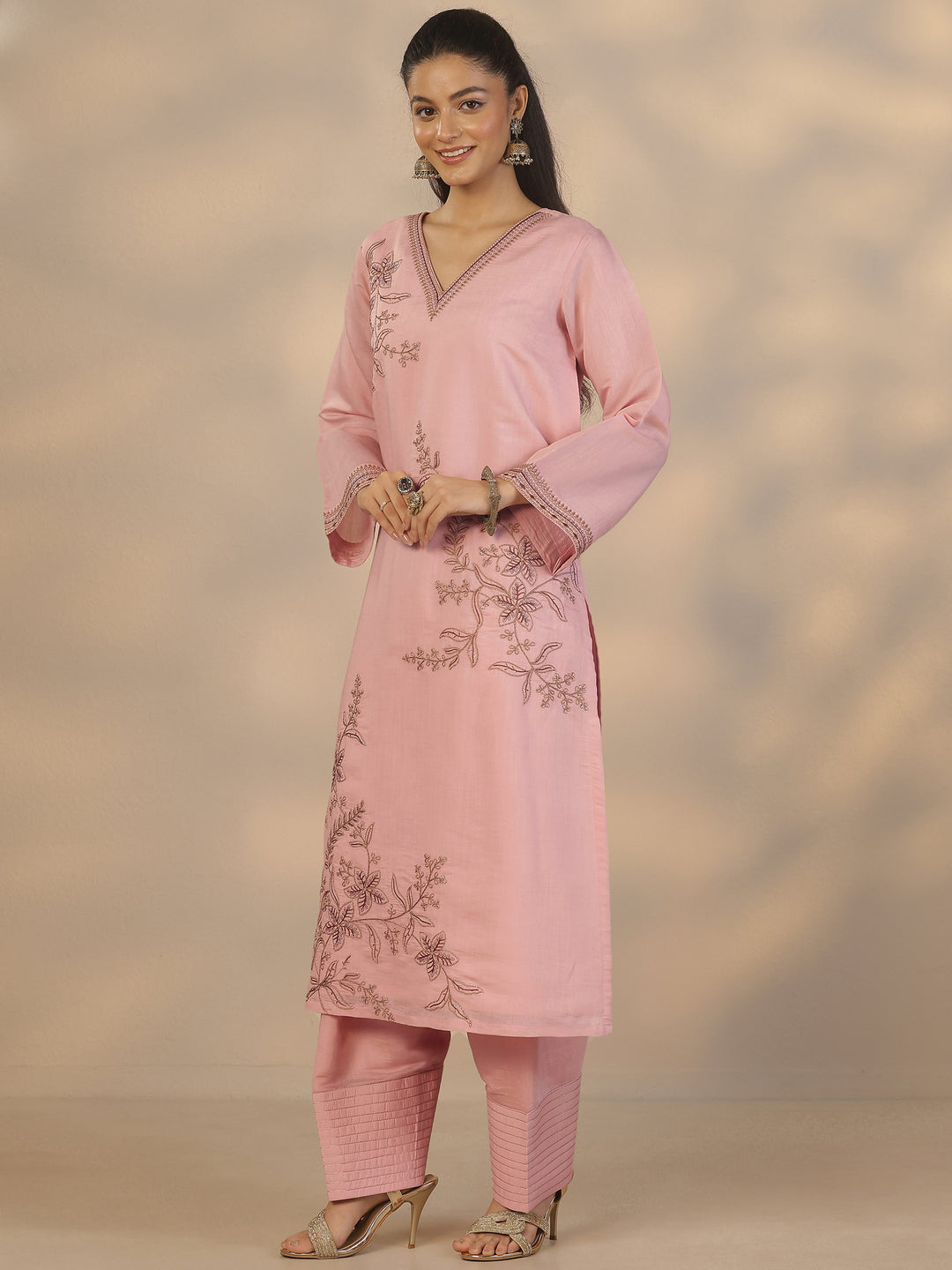  Pink Embroidered Chanderi Cotton Straight Suit Set With Dupatta 