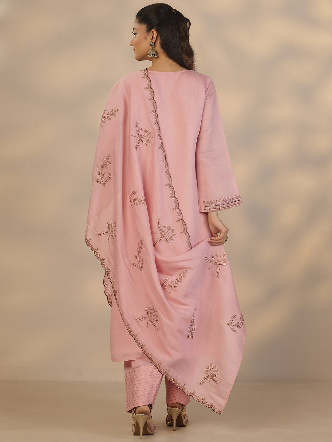  Pink Embroidered Chanderi Cotton Straight Suit Set With Dupatta 