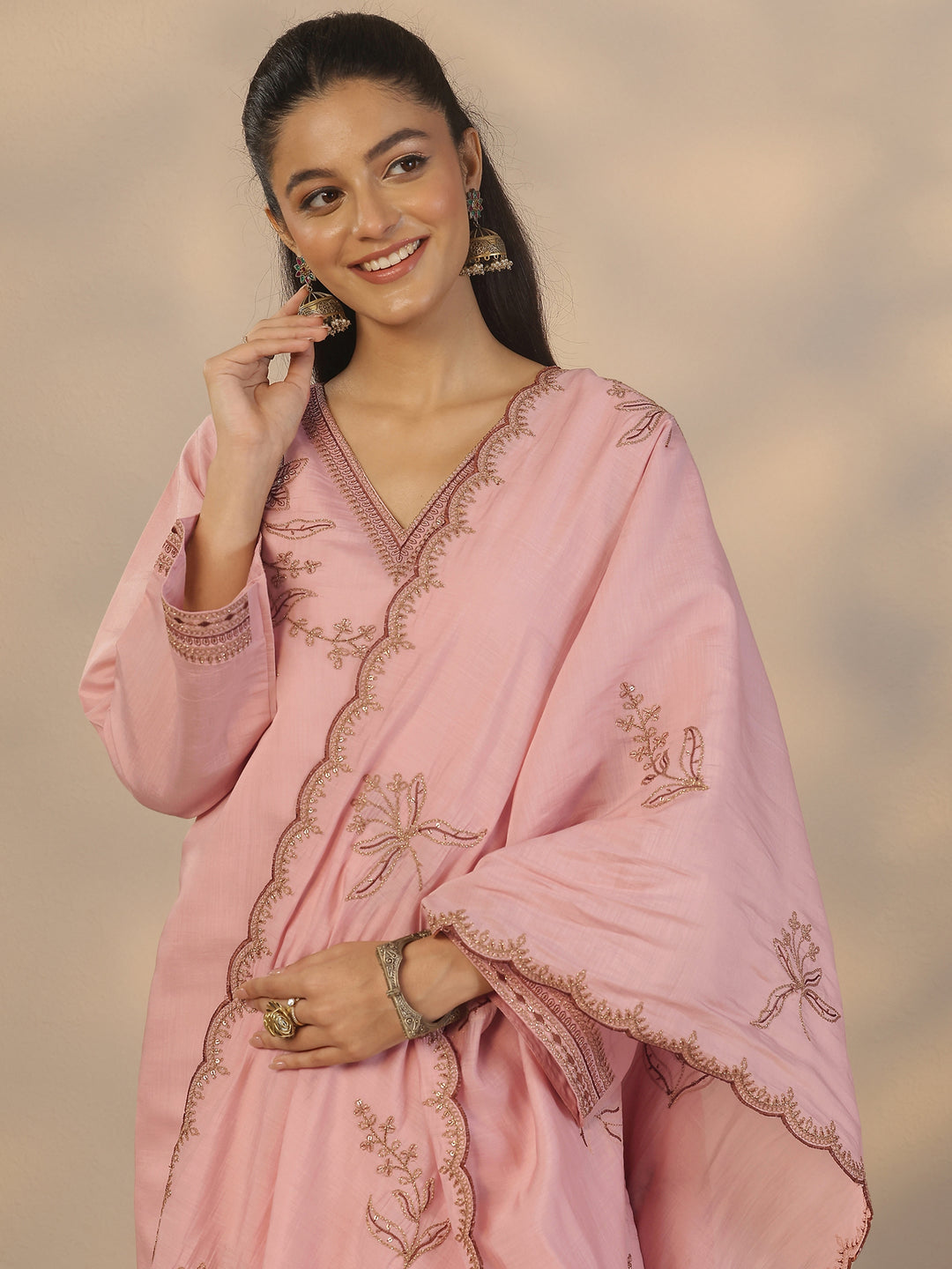  Pink Embroidered Chanderi Cotton Straight Suit Set With Dupatta 
