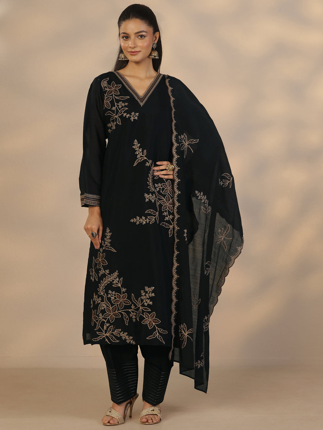  Black Embroidered Chanderi Cotton Straight Suit Set With Dupatta 