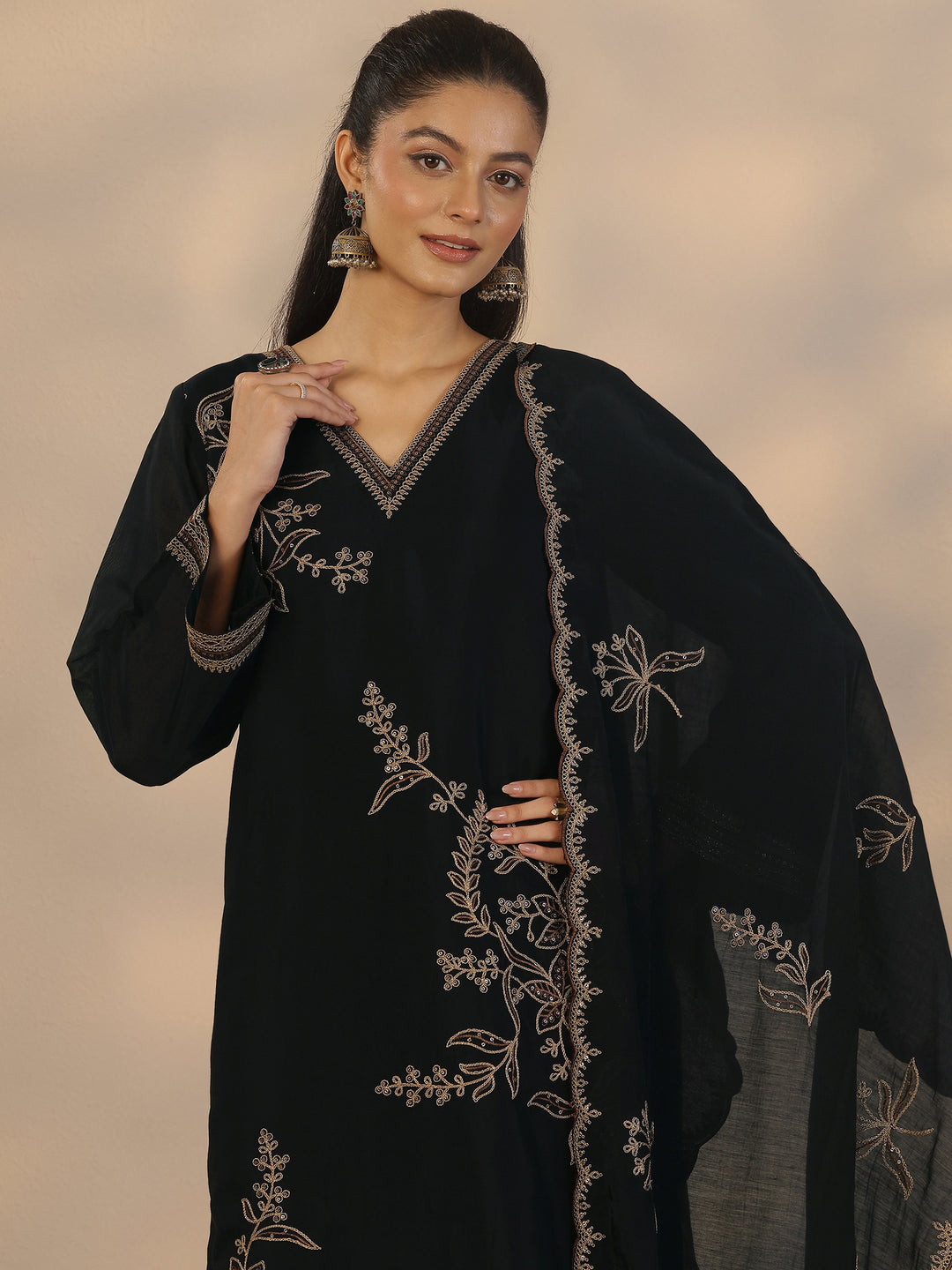  Black Embroidered Chanderi Cotton Straight Suit Set With Dupatta 