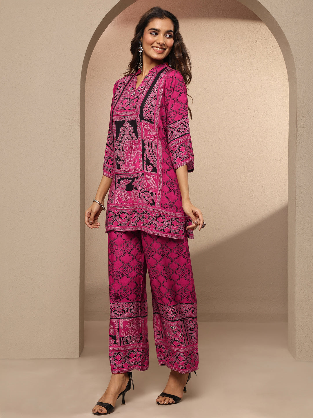  Pink Printed Silk Blend Co-Ord Set 