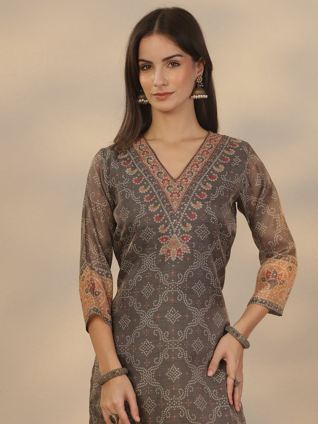  Grey Printed Silk Blend Straight Suit Set With Dupatta 