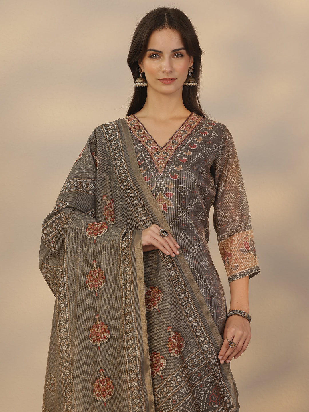  Grey Printed Silk Blend Straight Suit Set With Dupatta 
