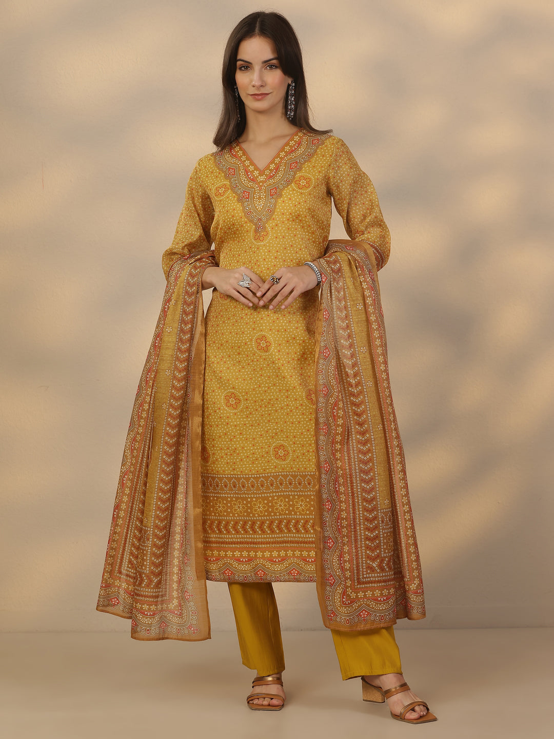  Mustard Printed Silk Blend Straight Suit Set With Dupatta 