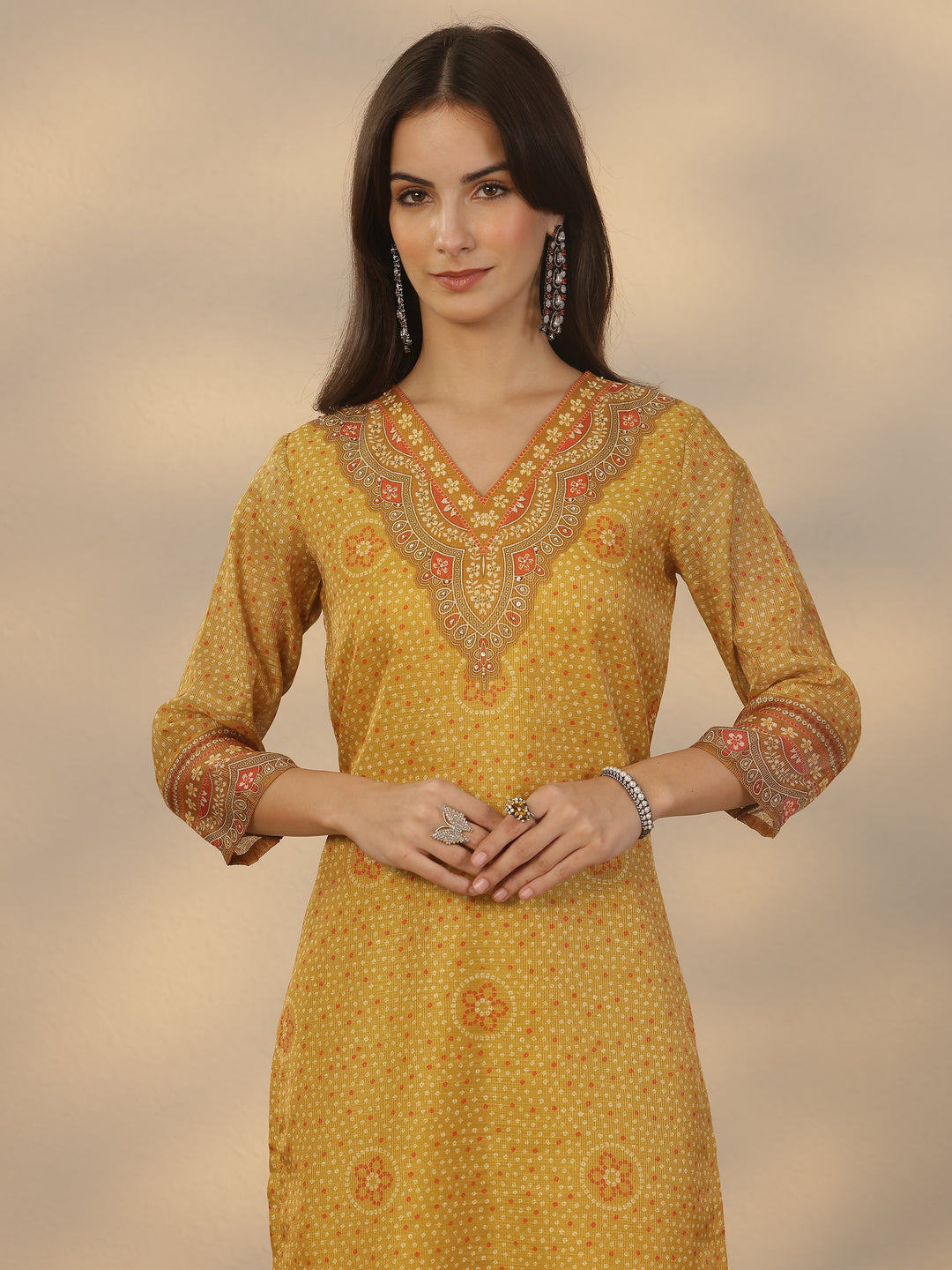  Mustard Printed Silk Blend Straight Suit Set With Dupatta 