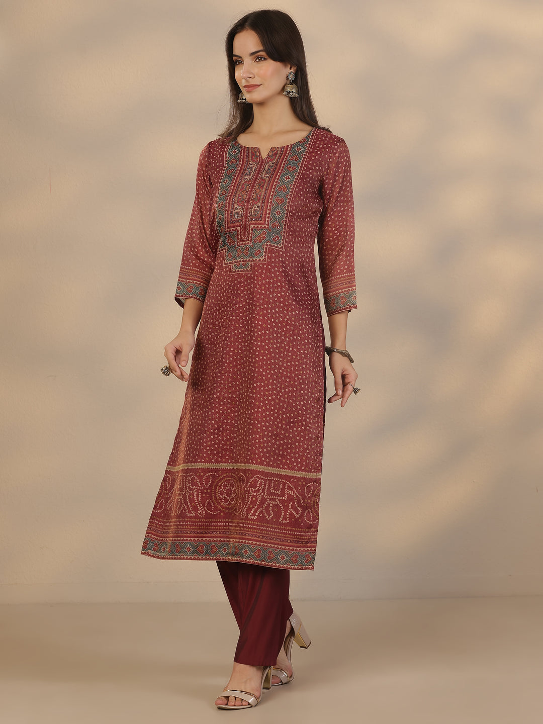  Burgundy Printed Silk Blend Straight Suit Set With Dupatta 