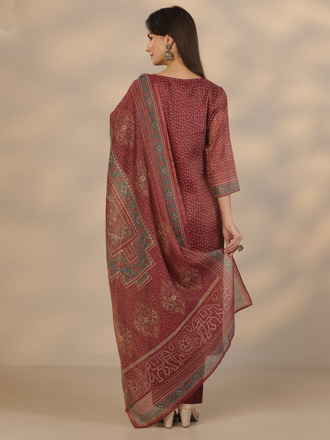 Burgundy Printed Silk Blend Straight Suit Set With Dupatta 