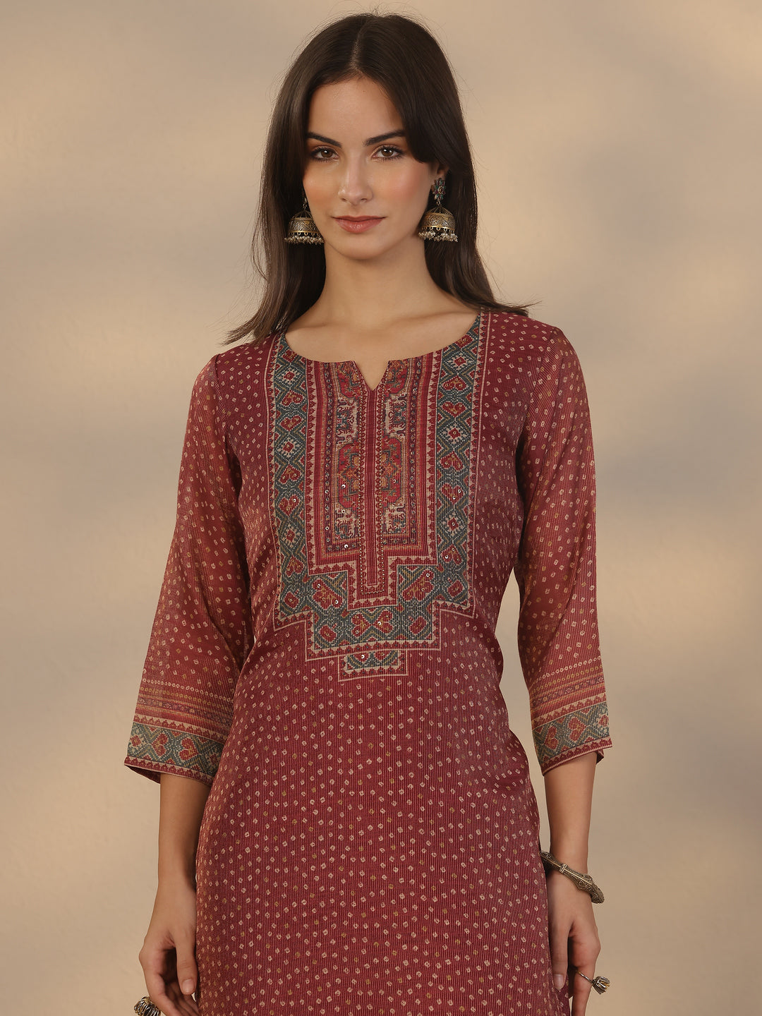  Burgundy Printed Silk Blend Straight Suit Set With Dupatta 