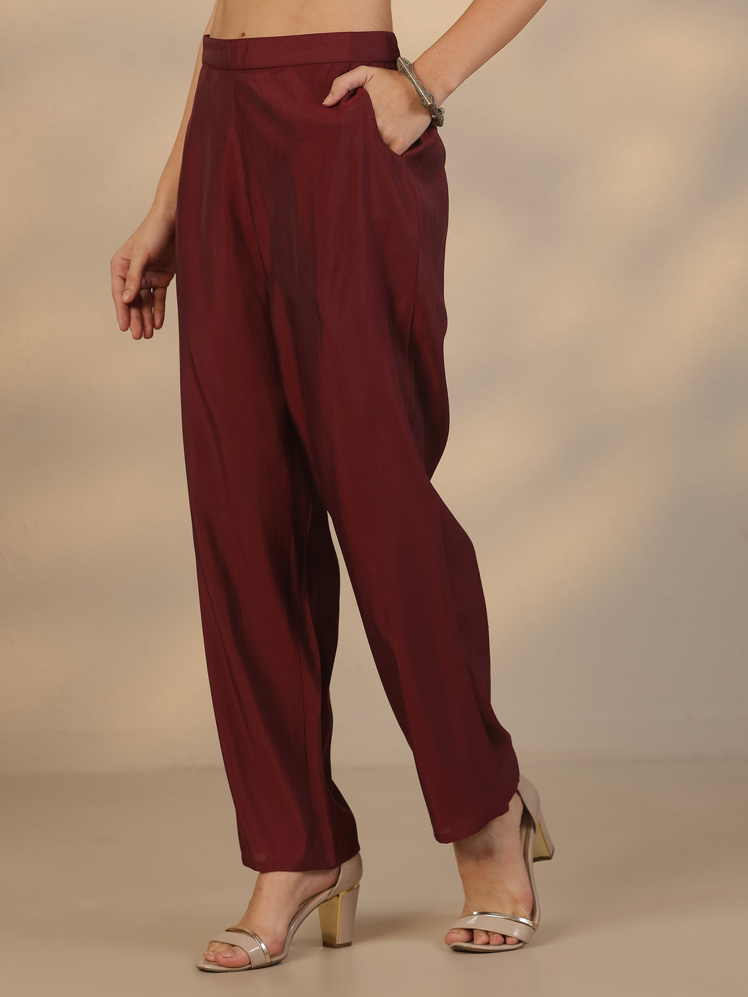  Burgundy Printed Silk Blend Straight Suit Set With Dupatta 