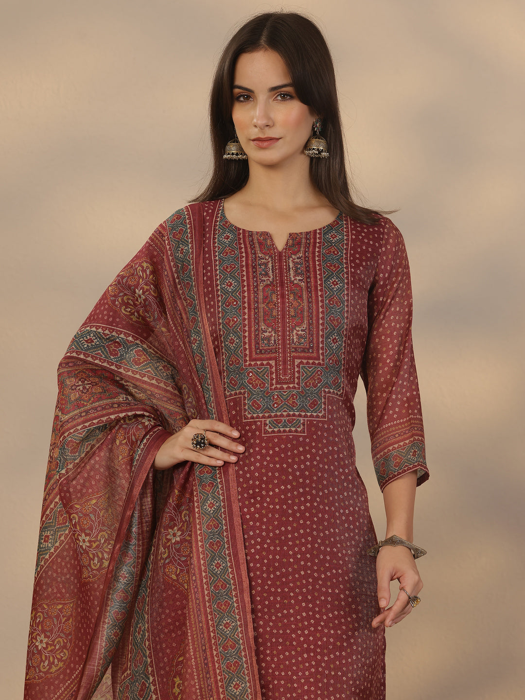  Burgundy Printed Silk Blend Straight Suit Set With Dupatta 