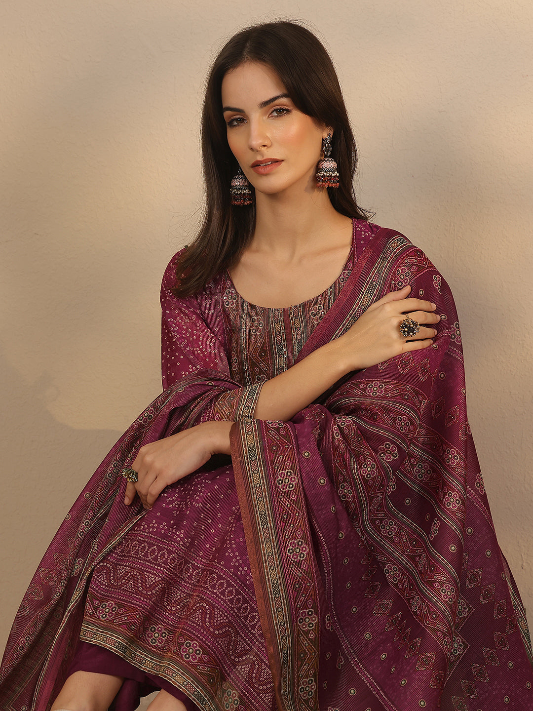 libas Burgundy Printed Silk Blend Straight Suit Set With Dupatta-picture-16