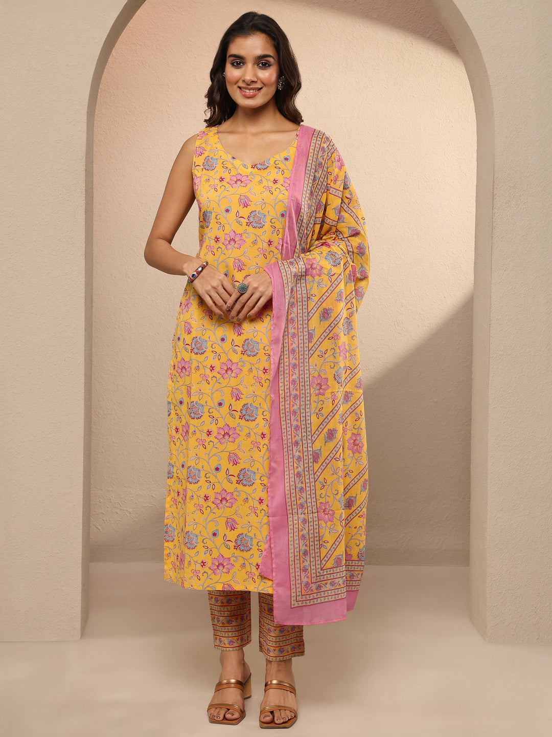  Yellow Printed Cotton Straight Suit Set With Dupatta 