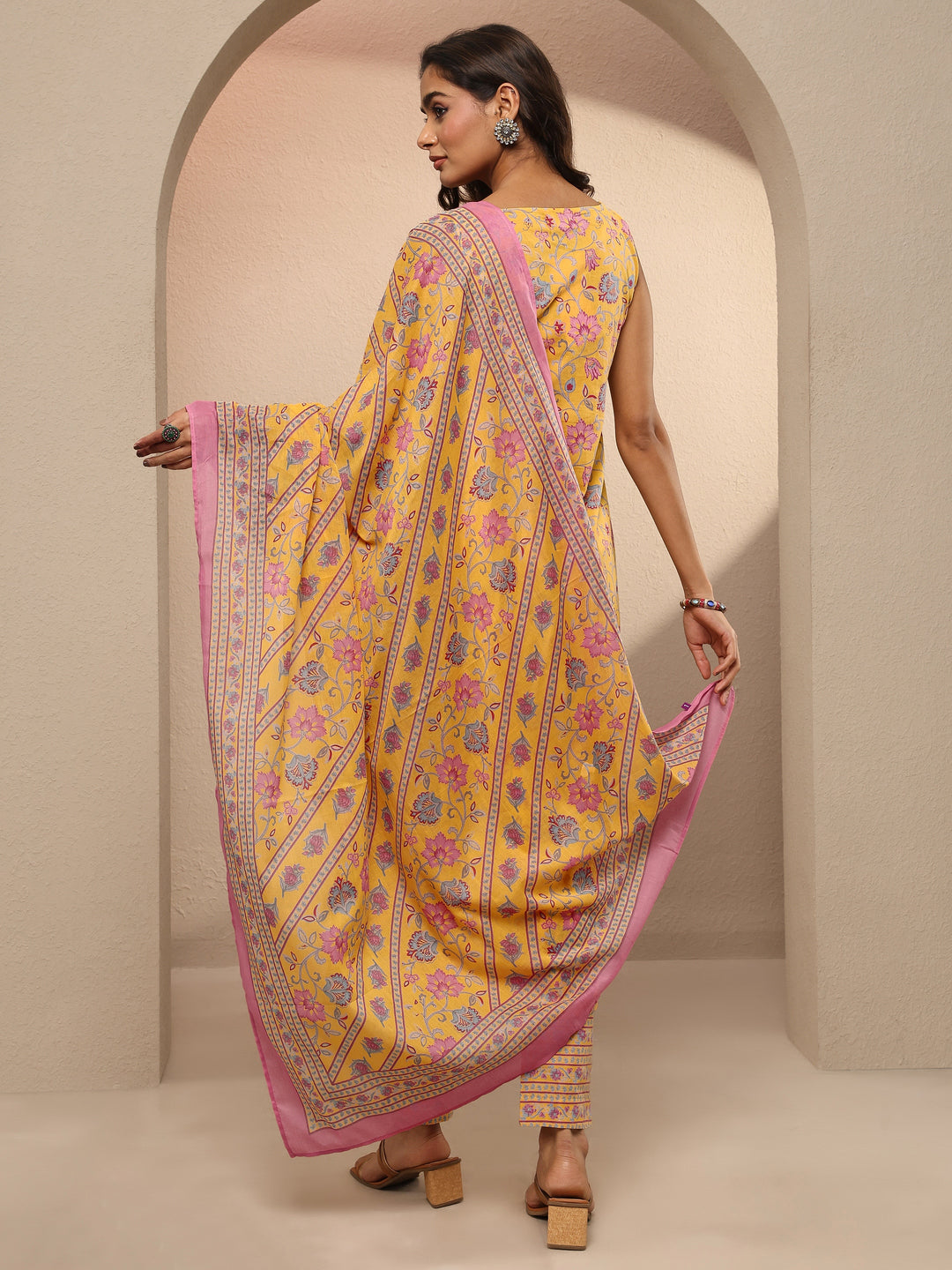  Yellow Printed Cotton Straight Suit Set With Dupatta 
