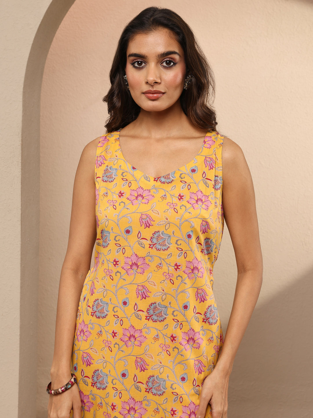  Yellow Printed Cotton Straight Suit Set With Dupatta 