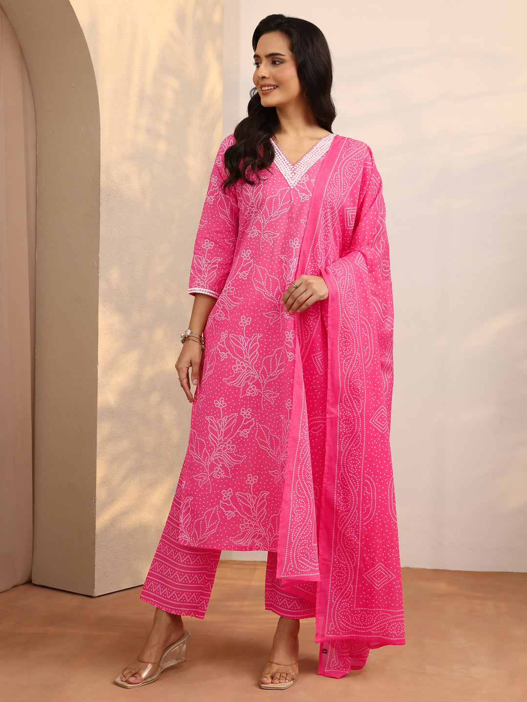  Pink Printed Cotton Straight Suit Set With Dupatta 