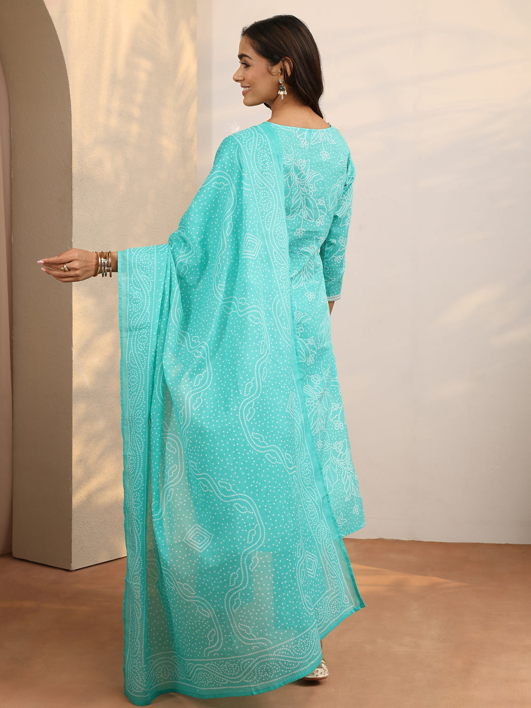  Green Bandhani Printed Cotton Suit Set With Dupatta 