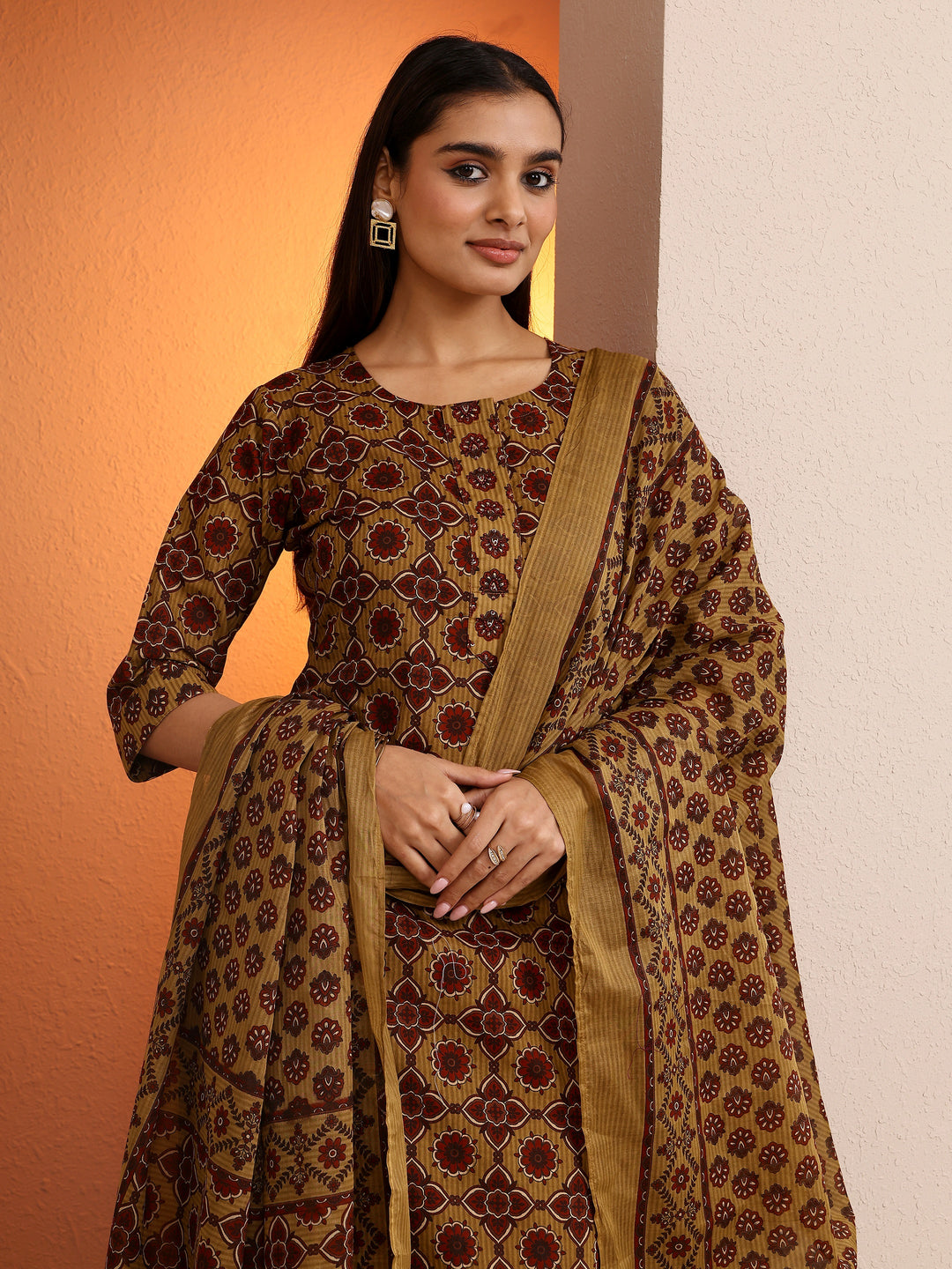  Mustard Printed Cotton Straight Suit Set With Dupatta 