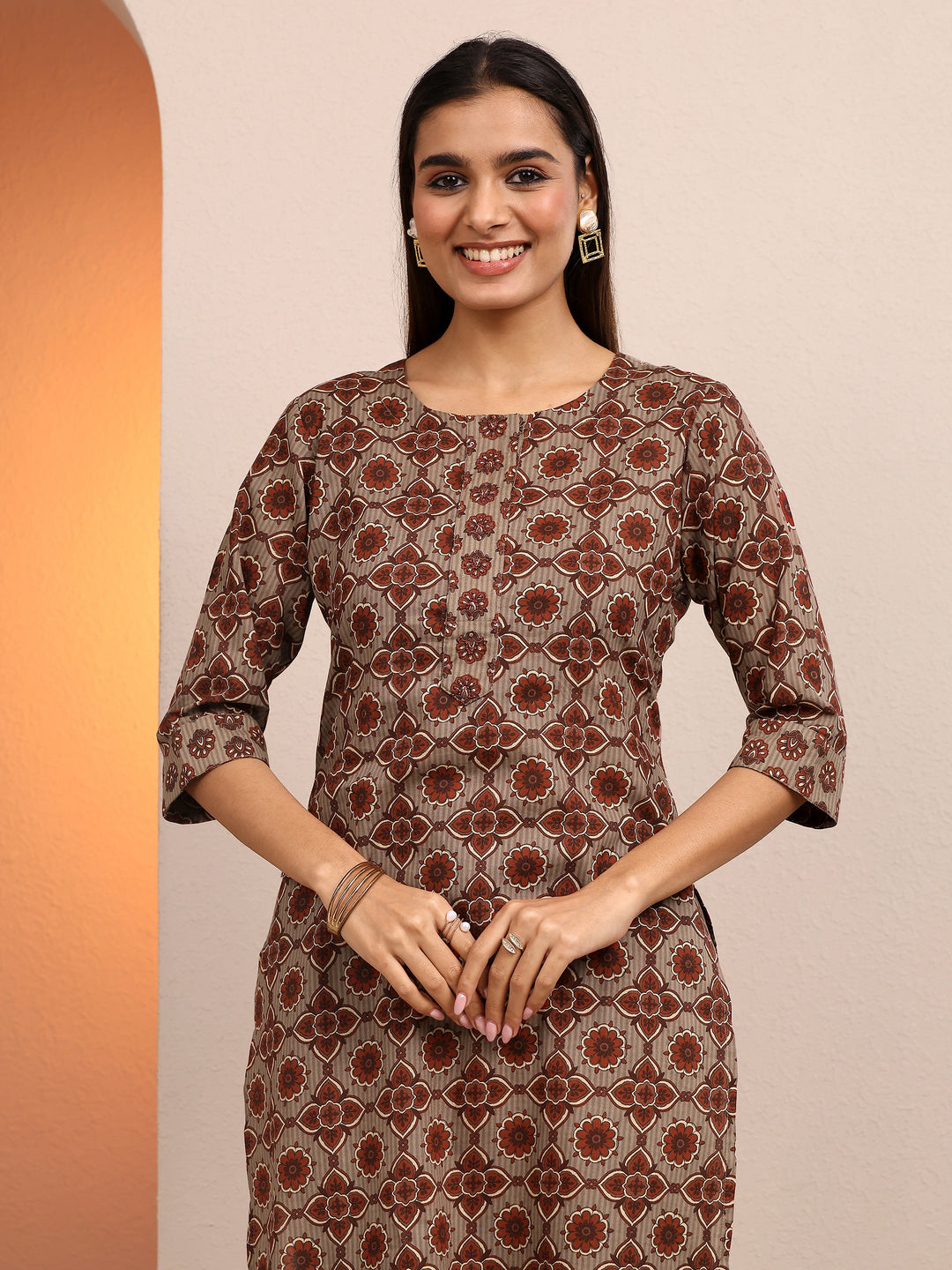  Grey Printed Cotton Straight Suit Set With Dupatta 