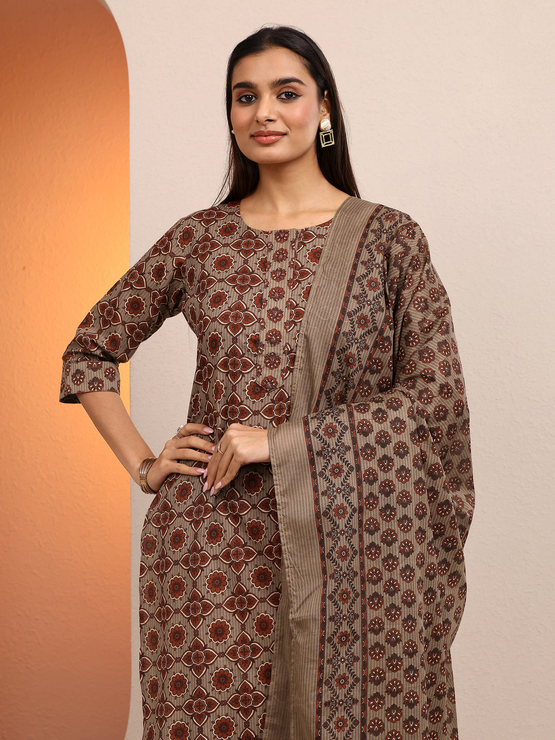  Grey Printed Cotton Straight Suit Set With Dupatta 