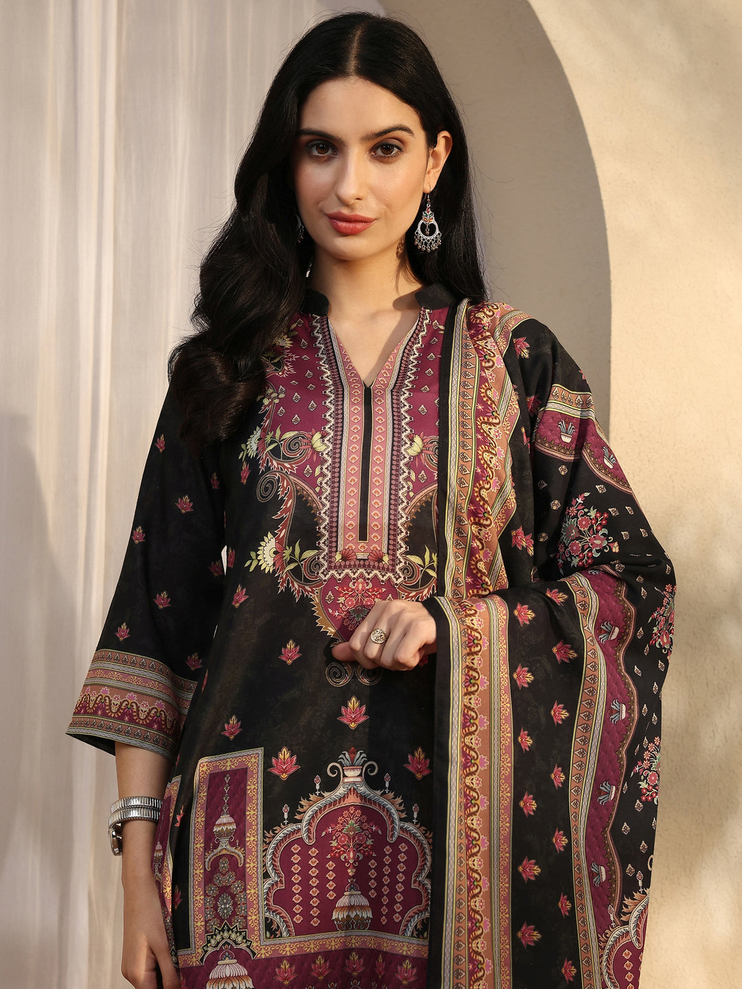  Black Printed Cotton Blend Straight Suit Set With Dupatta 