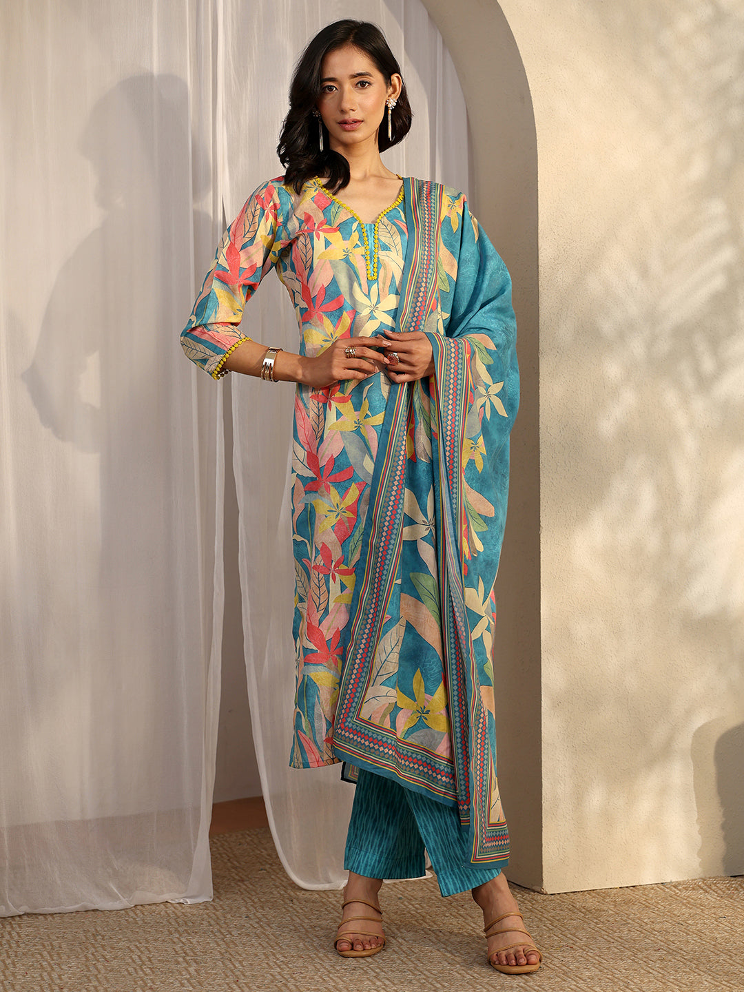  Blue Printed Cotton Blend Straight Suit Set With Dupatta 