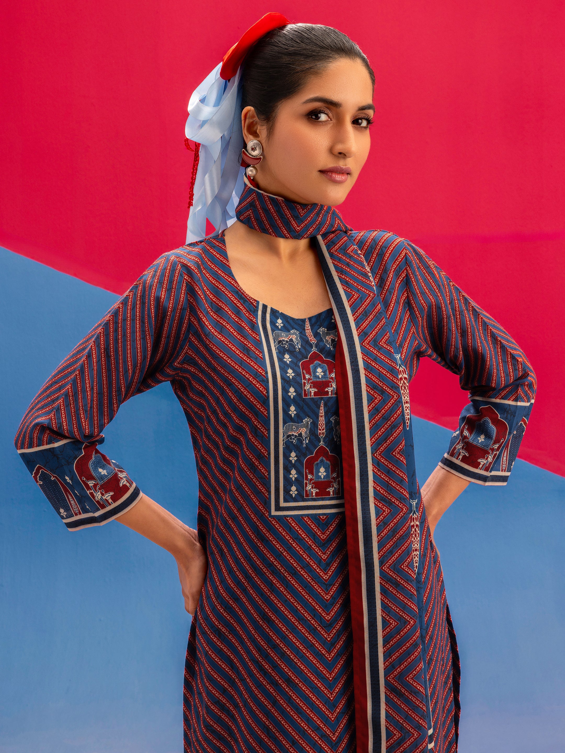 libas Poppy Blue Striped Printed Cotton Blend Straight Suit Set With Dupatta-picture-46