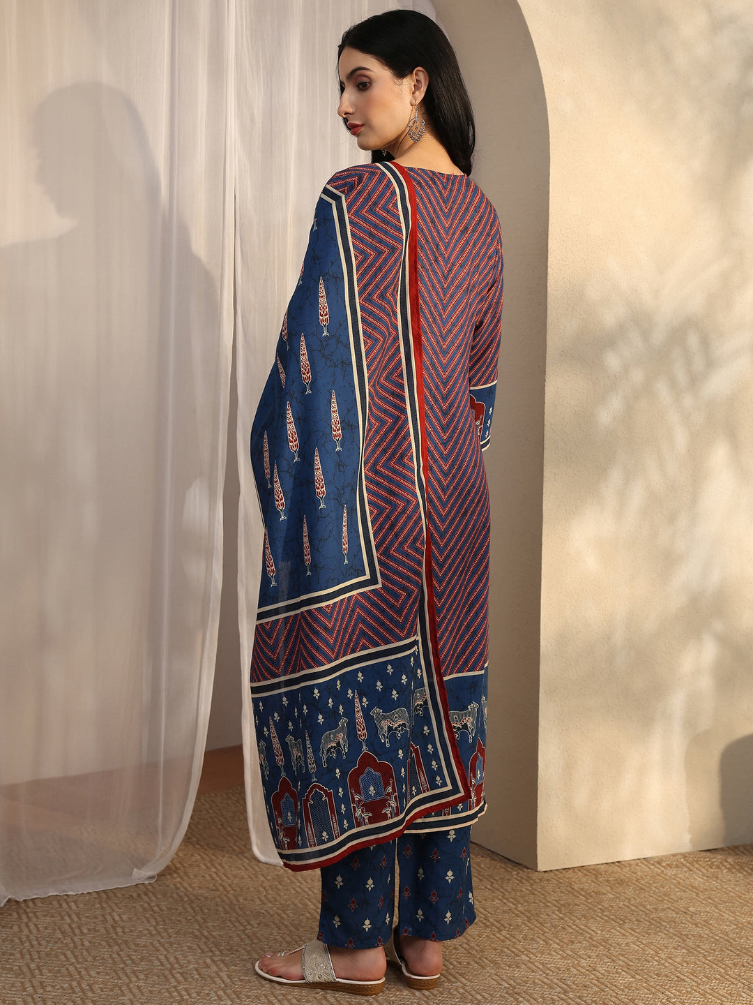  Blue Striped Printed Cotton Blend Straight Suit Set With Dupatta 