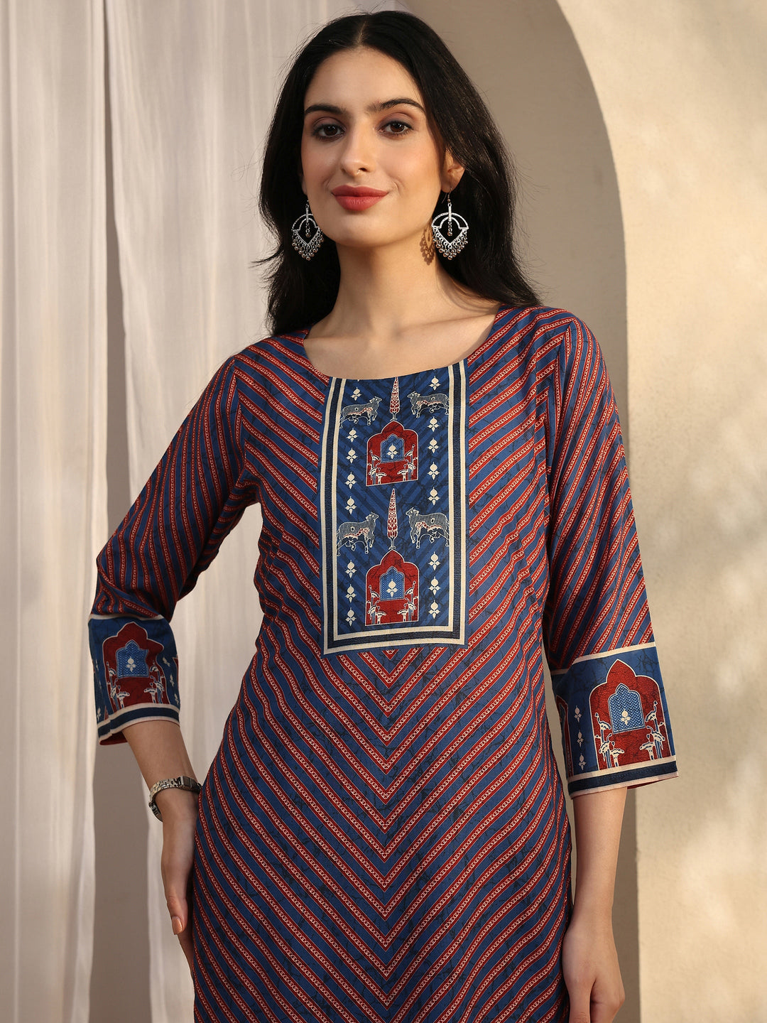  Blue Striped Printed Cotton Blend Straight Suit Set With Dupatta 