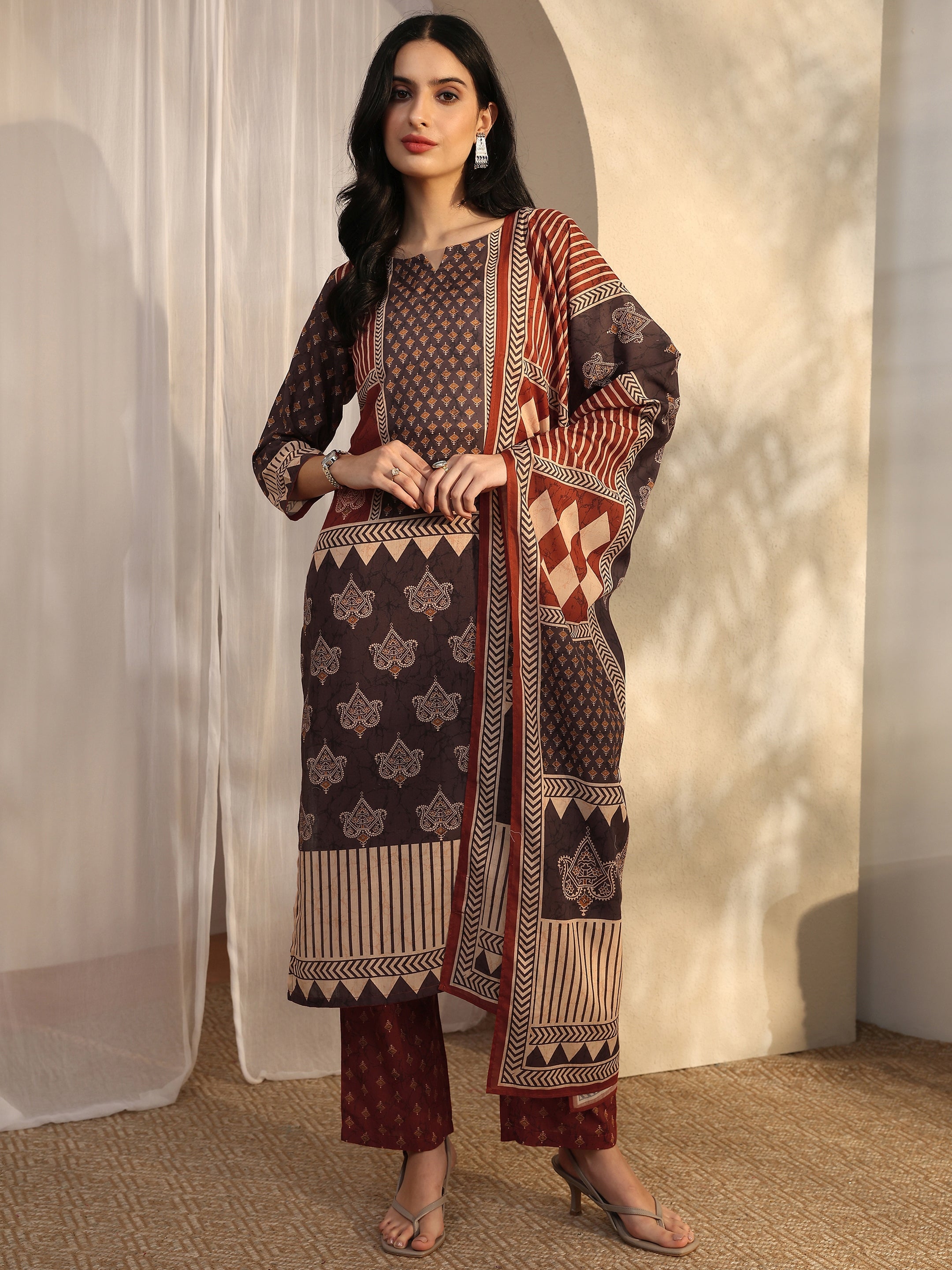 Brown Printed Cotton Blend Straight Suit Set With Dupatta-image-41