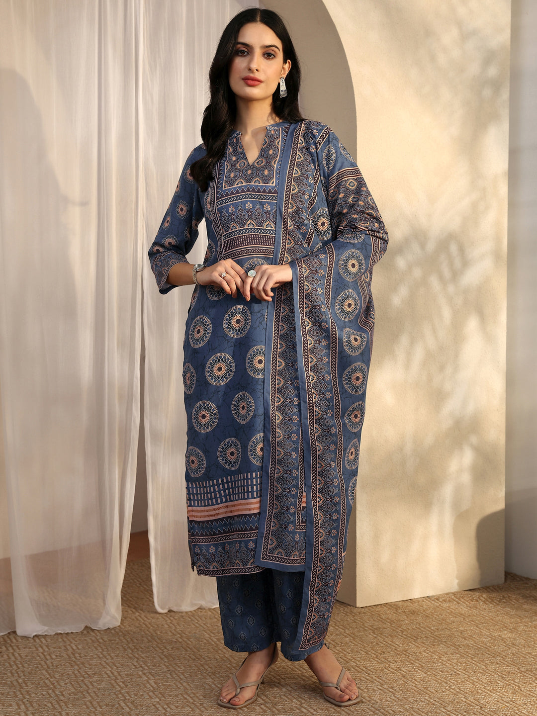  Blue Printed Cotton Blend Straight Suit Set With Dupatta 