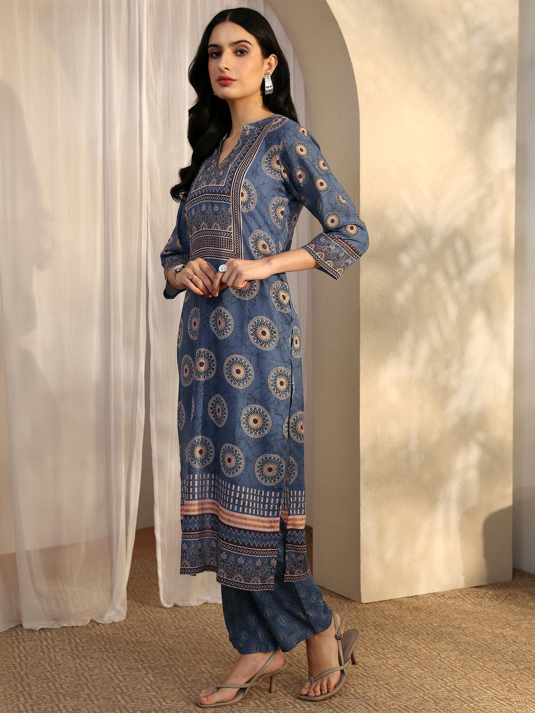 Blue Printed Cotton Blend Straight Suit Set With Dupatta 