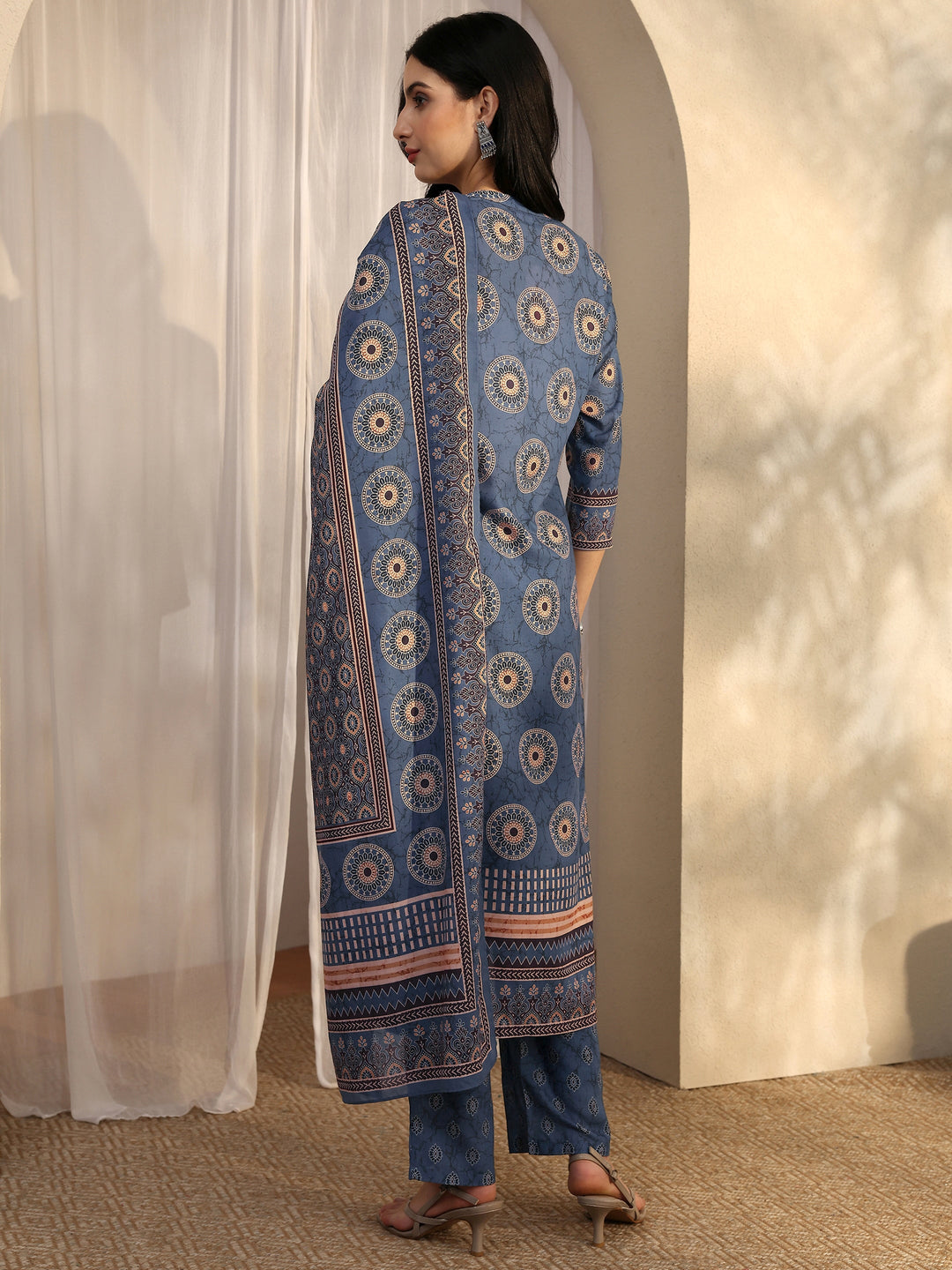 Blue Printed Cotton Blend Straight Suit Set With Dupatta 
