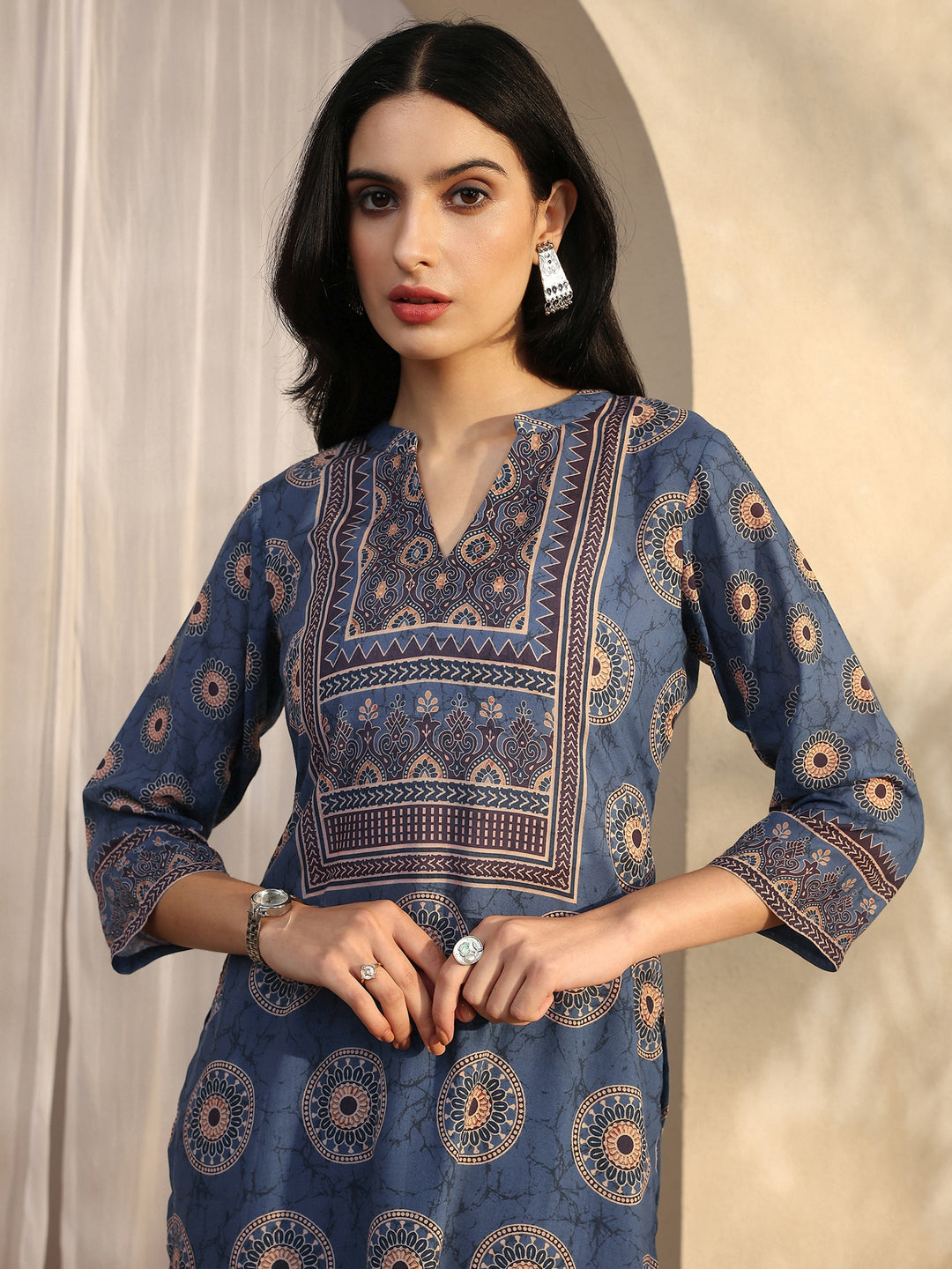 Blue Printed Cotton Blend Straight Suit Set With Dupatta 