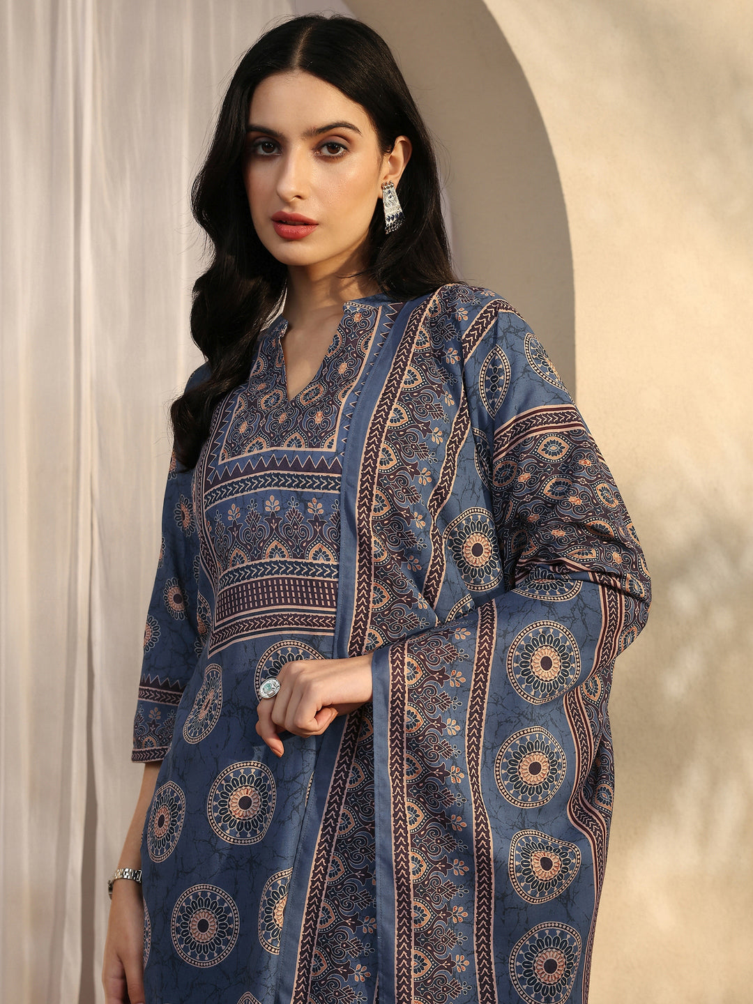  Blue Printed Cotton Blend Straight Suit Set With Dupatta 