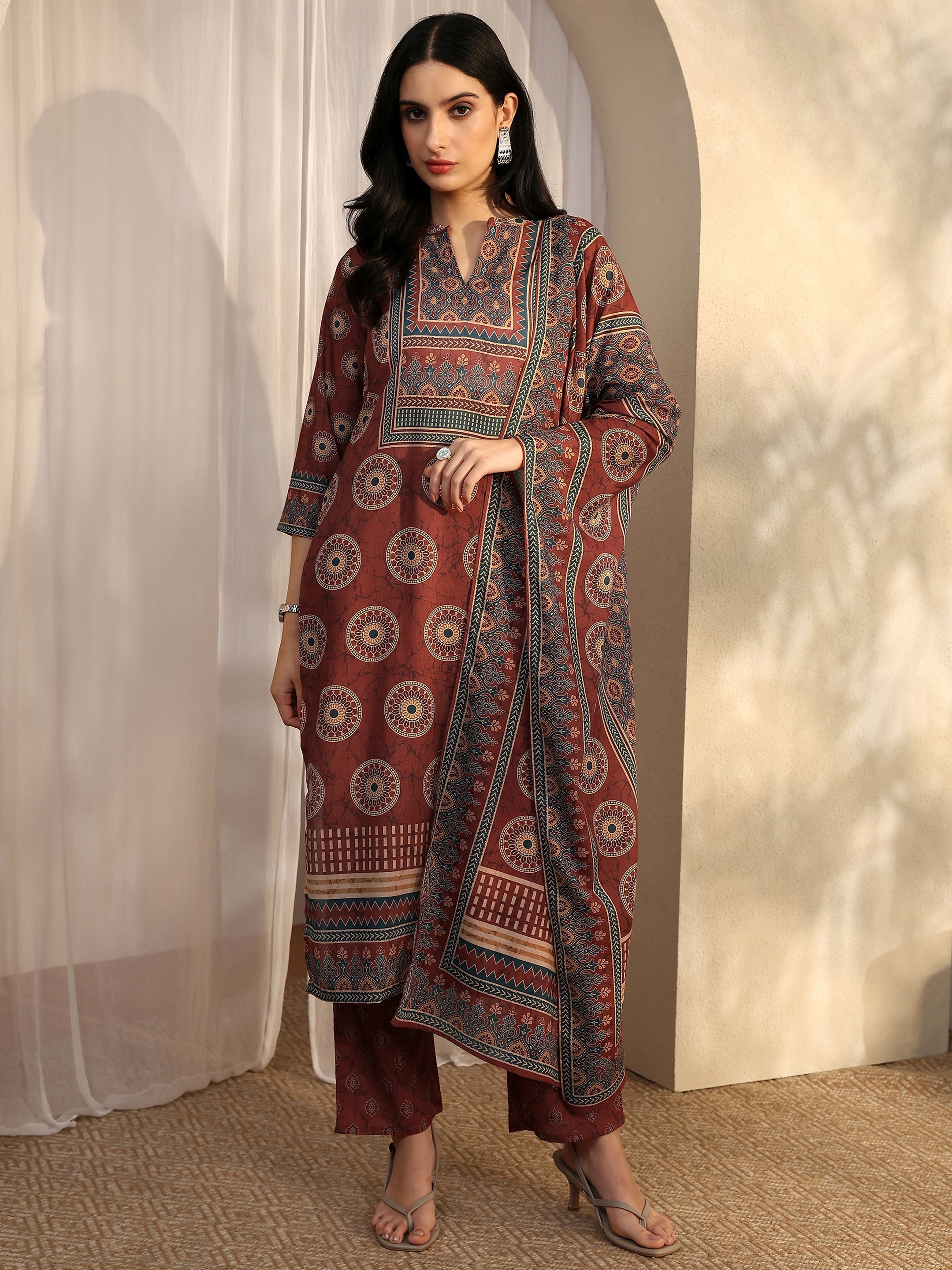 Rust Printed Cotton Blend Straight Suit Set With Dupatta-image-35